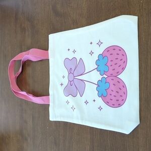 Pink and White Canvas Tote Bag with Strawberry Design